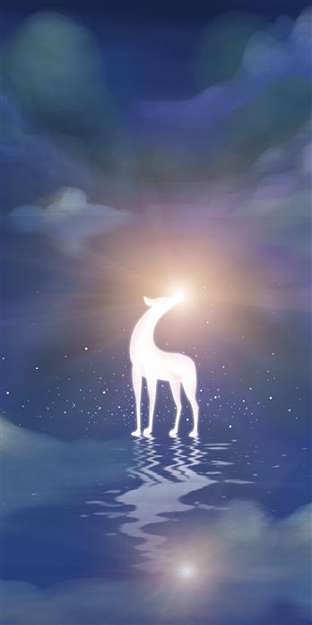蓝色湖面上发光的鹿