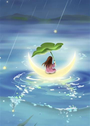 海面上的月亮坐着一个女孩